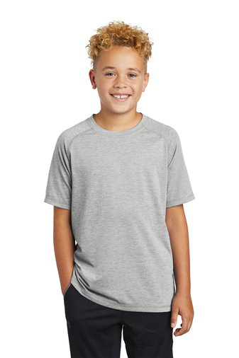 9505-LtGreyHt-1-YST400LtGreyHtModelFront6-337W SPORT-TEK ® YOUTH POSICHARGE ® TRI-BLEND WICKING RAGLAN TEE - Image 1