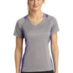 SPORT-TEK® LADIES HEATHER COLORBLOCK CONTENDER™ V-NECK TEE